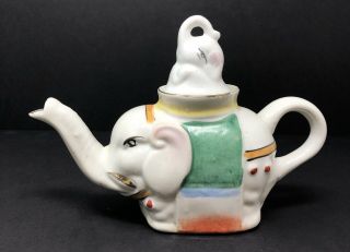 Vintage Small White Hand Painted Elephant Ceramic Teapot With Baby As Lid