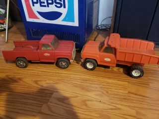 Vintage Tonka Toy Orange Dump Truck Pressed Steel And Red Pickup Truck