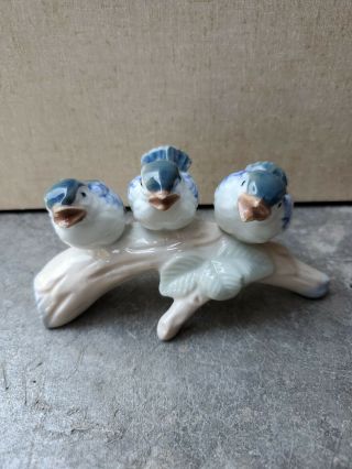 Vintage Porcelain Otagiri Blue Bird Figurine Japan 3 Birds On A Branch (b 155)