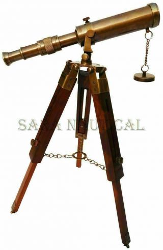 Antique Brass Marine Telescope With Collectible Wooden Tripod Stand Vintage Gift