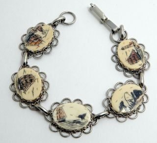 Vintage Silver Tone Scrimshaw Bracelet With Tall Ships & Whales Sailing Whaling