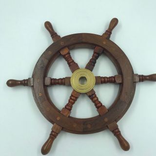 Nautical 14 " Wood And Brass Ship Steering Wheel,  Pirate Wall Decor,  Fishing Boat