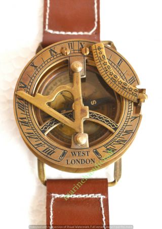 Vintage Style Antique Finish Brass Wrist Watch - Maritime Marine Sundial Compass