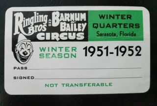 1951 & 1952 Ringling Bros And Barnum & Bailey Winter Quarters Season Pass