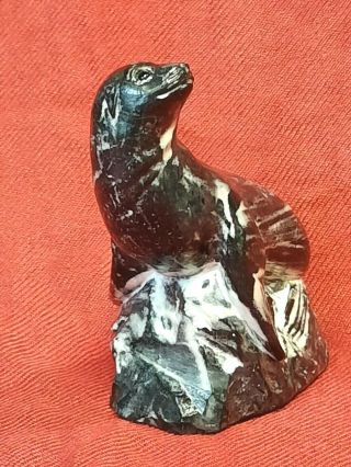 Soapstone Canadian Seal On Rock Wolf Hand Carved Sculpture Figure 3 "