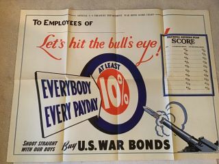 Vintage 1942 Wwii War Bond Poster “ Let’s Hit The Bullseye 29 1/2 X 28