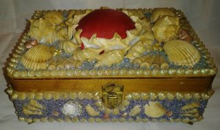 Antique Victorian Sailors Valentine Sea Shells Art Wood Box Red Pin Cushion
