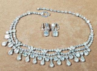 Vintage Eisenberg Ice Signed Clear Rhinestone Necklace & Earrings