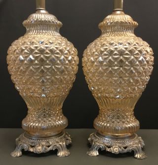 Vintage Iridescent Hobnail Glass 2 Large Lamps Pair Electrical Metal Base