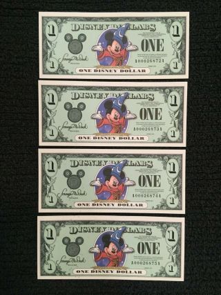 (4) 2001 Sequential Disney Mickey Dollars 2001 A Series - Uncirculated (magical?)
