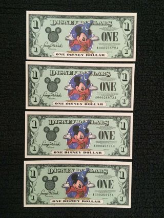 (4) 2001 Sequential Disney Mickey Dollars 2001 A Series - Uncirculated (Magical?) 3