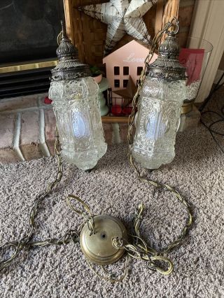 Vintage Mid Century Crystal Glass Hanging Light Fixture Double Pendant Swag Lamp