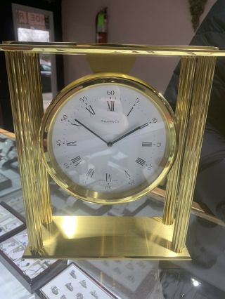 Vintage Tiffany & Co.  Swiss Brass Round Clock Mantle Desk 4 Deco Not