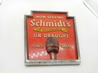 Vintage Schmidts Beer On Draught W Keg Tapper Handle Advertising Bar Sign