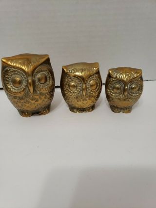 Vintage Solid Brass Owl Figurines Paperweight Set Of 3 Made In Korea