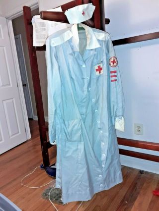 Vintage Wwii Era Or Post Era Red Cross Nurse Uniform W/ Cap Size 16 Vg,