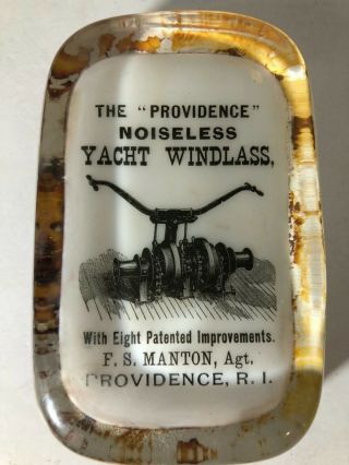 Vintage Rectangle Glass Advertising Paperweight " Providence " Ship Windlass Read