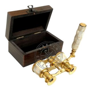Brass Opera Binocular With Wood Box Sea Shell Mother Of Pearl Spyglass Telescope