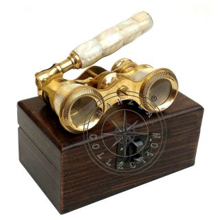 Brass Opera Binocular With Wood Box Sea Shell Mother of Pearl Spyglass Telescope 2
