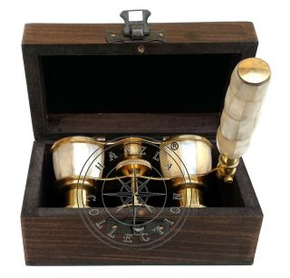 Brass Opera Binocular With Wood Box Sea Shell Mother of Pearl Spyglass Telescope 3