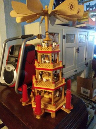 Vtg German Wood 18” Windmill Nativity 4 Tier Christmas Carousel Set