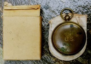 Antique Compass Wwi Waltham With Box & Cloth Pouch Brass Marked U.  S.