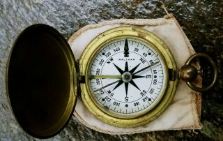 ANTIQUE COMPASS WWI WALTHAM WITH BOX & CLOTH POUCH BRASS MARKED U.  S. 2