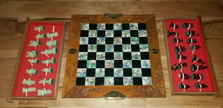 Vtg Asian Figure Chess Board Game Set Carved Dragon Wood Case Inlaid Tile