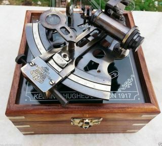 Vintage Brass Sextant 5 Inch Maritime Nautical With Glass Top Wooden Box Gift