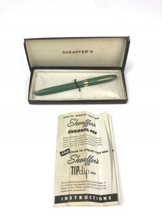 Sheaffer Snorkel 14k Fountain Pen Jade Green Tip Dip Case Vintage Collector Item