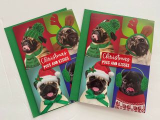 Set Of 2 Pug Dog Christmas Cards Embellished Pugs & Kisses