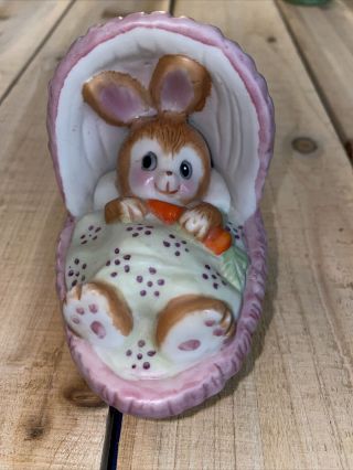 Vintage Russ Berrie Bunny Rabbit Figurine Baby Cradle Bassinet Porcelain - 1979