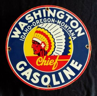 Vintage Washington Chief Gasoline / Motor Oil Porcelain Gas Pump Sign