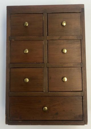 Vintage Wooden Spice Cabinet Box 7 Drawer Apothecary Oak Hand Made Brass Knobs