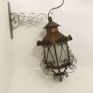 Vintage Gothic Spanish Revival Copper Filigree Electric Hanging Lantern Lamp 12 "