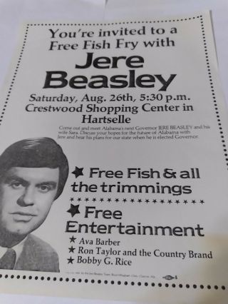 Jere Beasley For Governor Of Alabama,  1978,  Democrat Political Campaign Fish Fry