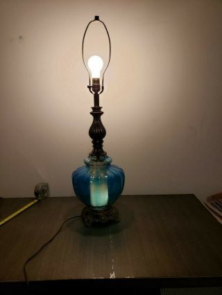 Vintage Accurate Casting Blue Glass Globe Table Lamp Mid - Century Modern 2 Light
