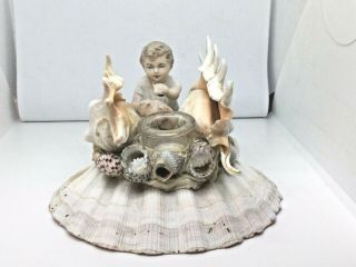 Antique Victorian Sailors Valentine Or Seashell Shell Art Figural Holder
