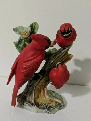 Cardinal Figurine Family 3 Birds Ceramic Vtg Enesco Japan 5.  5 " Tree Branch