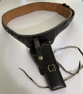 Vintage Leather Black Ammo Belt And Holster Pre Owned