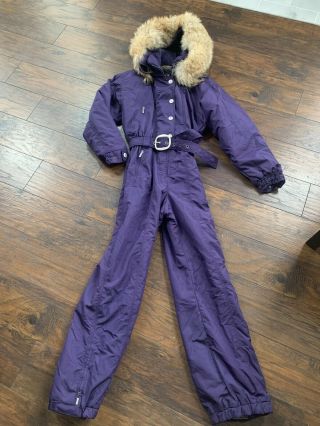 Vintage Metropolis Purple Snowsuit Ski Suit Coyote Fur Women’s Size 8