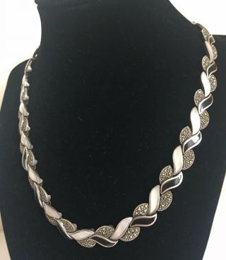 Vintage Art Deco Sterling Silver Marcasite Black Onyx Mop Necklace 18”