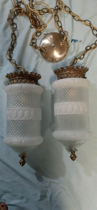 Vintage Mid Century Ceiling Mount Hanging Light Hollywood Regency Frosted Double