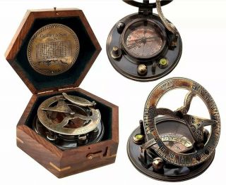 3  Nautical Antique Brass Sundial Compass Gilbert & Sons London With Wooden Box