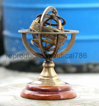 Antique Vintage Astrolabe Brass Armillary Sphere With Wooden Base Nautical Style