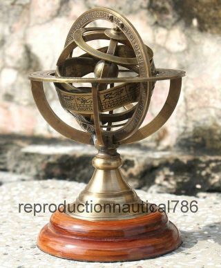 Antique Vintage Astrolabe Brass Armillary Sphere with Wooden Base Nautical Style 2