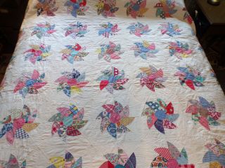 Vintage Hand Stitched Handmade Colorful Pinwheel Pattern Quilt 97 X 79 Queen