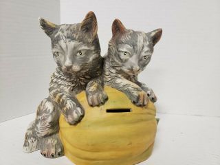 Cats & Pumpkin Vintage Ceramic Coin Savings Bank Kitty Gift