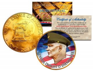 General Dwight D Eisenhower Colorized 1976 Ike Dollar U.  S.  Coin Gold Plated Army