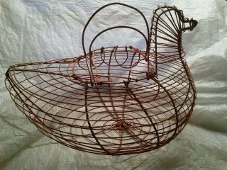 Vintage Primitive Wire Chicken Egg Basket With Handles Red Hen Farmhouse 11 " X 8 "